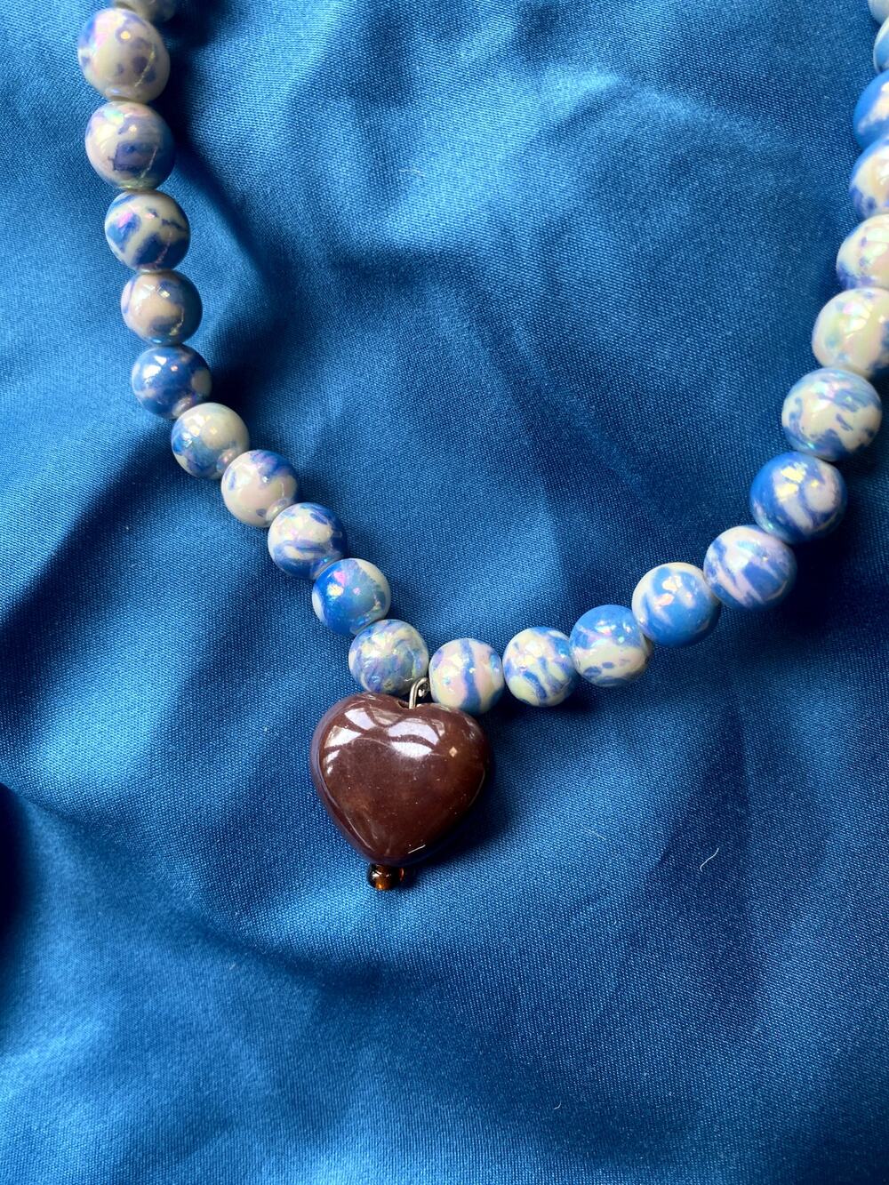 Brown Heart Charm Necklace with Ocean Blue Beads 18"